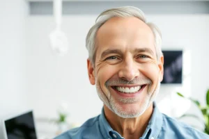A confident middle-aged person smiling warmly with a full set of natural-looking dental implants, standing in a bright modern dental clinic with soft natural light, clean white walls, and subtle greenery in the background; focus on the smile and facial expression conveying improved quality of life, no visible dental tools or medical equipment in foreground