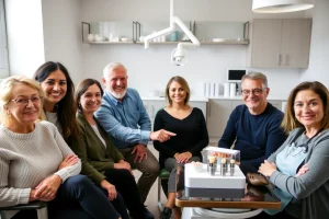 A diverse group of adult patients of different ages, ethnicities, and genders sitting calmly in a modern dental clinic, each showing healthy gums and sufficient jawbone density, with a dentist pointing to dental implant models on a table, soft natural lighting, clean clinical environment