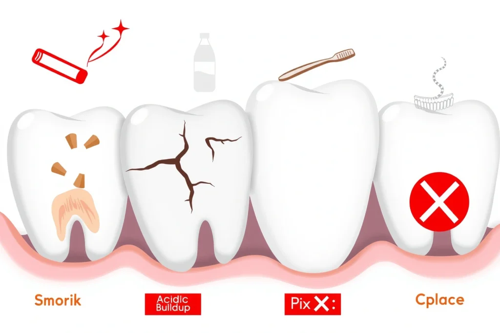 A close-up illustration of human teeth showing negative effects of harmful habits: one tooth with stains from smoking, another with cracks from nail biting, a third with erosion from acidic drinks, and a fourth with plaque buildup from poor oral hygiene, all on a clean white background with subtle red warning icons (like a cigarette, nail, soda bottle, and toothbrush with an X) floating near each affected tooth