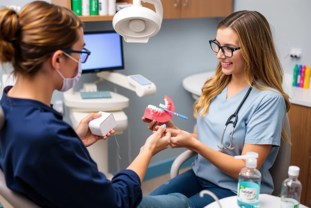 A professional dental hygienist demonstrating proper dental hygiene techniques. The scene should include a dental office setting with a patient sitting in a dental chair. The hygienist should be showing the patient how to brush and floss correctly, using a model of teeth and gums. The image should also include various dental hygiene tools such as toothbrushes, dental floss, and mouthwash. The overall atmosphere should be clean, professional, and educational.
