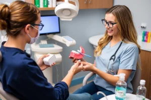 A professional dental hygienist demonstrating proper dental hygiene techniques. The scene should include a dental office setting with a patient sitting in a dental chair. The hygienist should be showing the patient how to brush and floss correctly, using a model of teeth and gums. The image should also include various dental hygiene tools such as toothbrushes, dental floss, and mouthwash. The overall atmosphere should be clean, professional, and educational.
