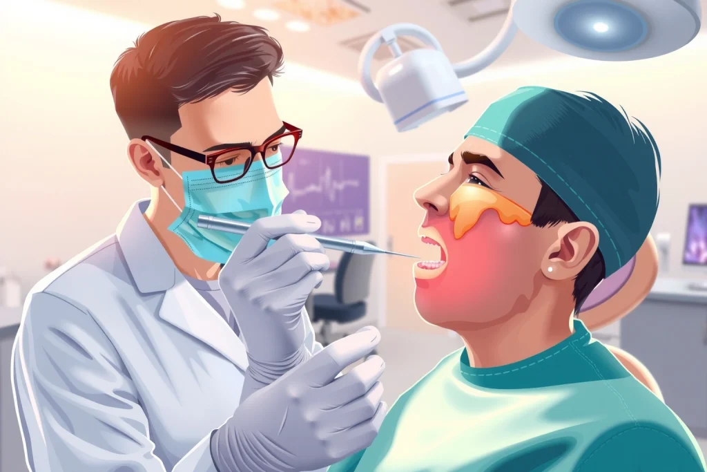 A professional dental illustration showing a dentist examining a patient's gums with a periodontal probe, highlighting inflamed gum tissue and plaque buildup on teeth, in a clean, modern dental clinic setting with soft lighting and medical accuracy