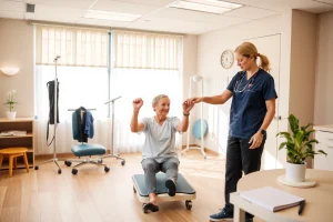 A warm, professional medical scene showing a patient in a modern rehabilitation center performing gentle exercises with a physical therapist, surrounded by soft natural light, medical equipment like resistance bands and balance boards, and subtle signs of progress such as a journal with notes and a small plant on a nearby table, conveying hope, care, and successful recovery after implantation