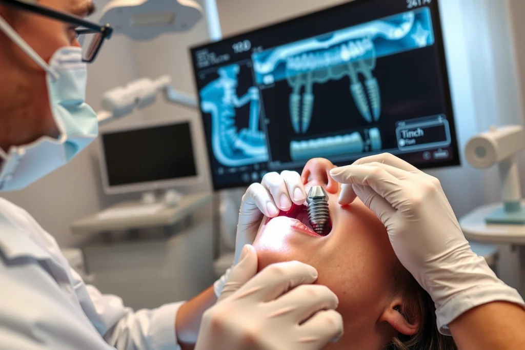 A modern dental clinic with a dentist performing a dental implant procedure on a patient, showing close-up of titanium implant being placed into jawbone, digital X-ray screen displaying 3D scan of teeth and implants in the background, sterile environment with advanced dental tools, soft natural lighting, realistic medical details