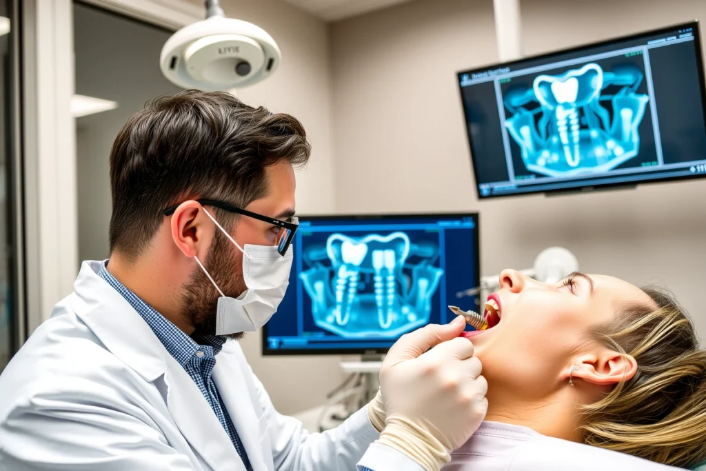 A modern dental clinic interior with a dentist in a white coat examining a patient's mouth, showing a close-up of a dental implant being placed into the jawbone, with digital X-ray screen displaying 3D implant planning in the background, soft natural lighting, clean and sterile environment