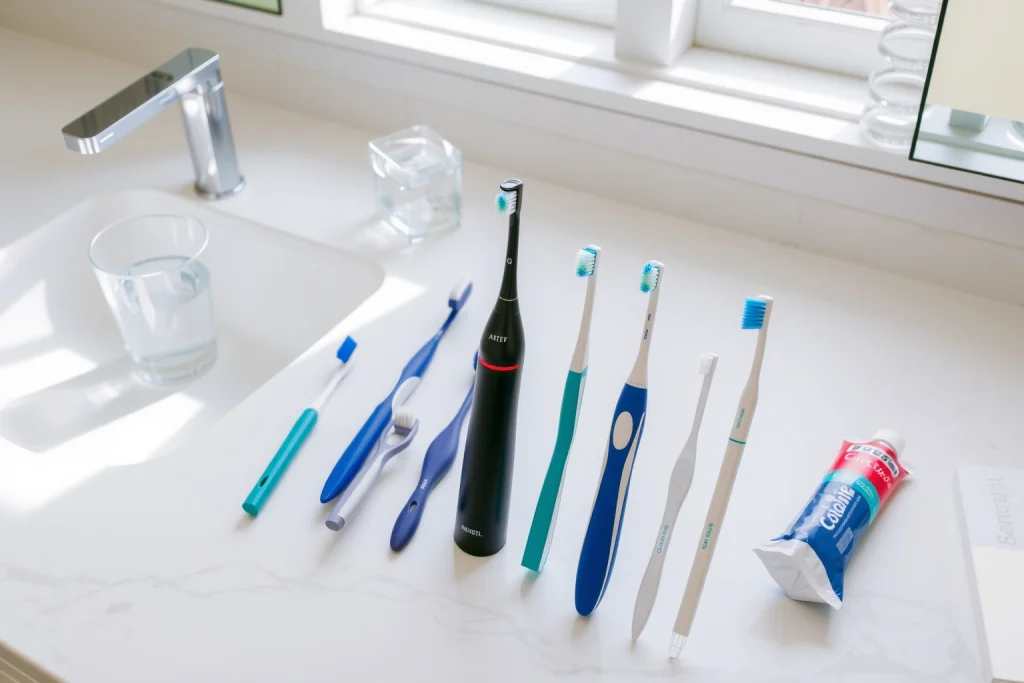 A clean, modern bathroom counter with a variety of toothbrushes displayed neatly: manual, electric, soft-bristled, and interdental brushes, arranged on a white marble surface with soft natural lighting from a nearby window. A small glass of water and a tube of toothpaste are placed nearby. The scene is calm, hygienic, and informative, emphasizing proper dental care tools without any text or labels.