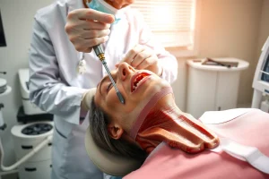 A modern dental clinic with a dentist in a white coat performing a dental implant procedure on a patient lying in a dental chair, close-up view of the jawbone with a titanium implant being inserted, soft natural lighting, sterile environment, detailed dental tools and equipment, realistic human anatomy, calm and professional atmosphere