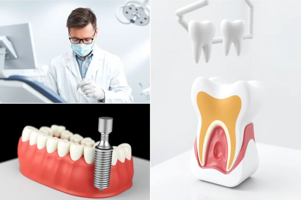 A modern dental clinic interior showing a dentist in a white coat examining a patient's mouth with dental tools, a close-up view of a dental implant being placed into the jawbone, and a side-by-side comparison of a missing tooth versus a restored tooth with a crown on an implant, all rendered in clean, professional lighting with soft shadows and neutral tones
