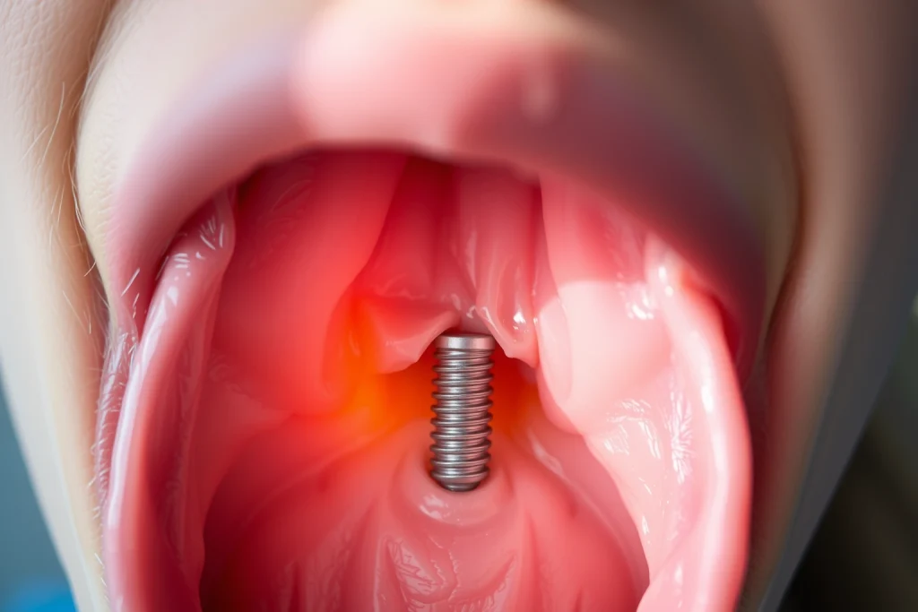 A close-up of a healthy human jaw with a dental implant site showing signs of rapid healing: pink gum tissue tightly sealed around a titanium abutment, minimal swelling, no visible sutures, soft natural lighting highlighting tissue regeneration, subtle glow suggesting accelerated recovery, medical accuracy, serene and hopeful atmosphere