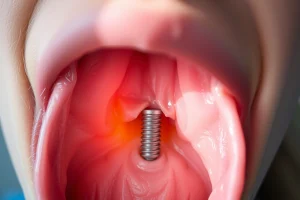 A close-up of a healthy human jaw with a dental implant site showing signs of rapid healing: pink gum tissue tightly sealed around a titanium abutment, minimal swelling, no visible sutures, soft natural lighting highlighting tissue regeneration, subtle glow suggesting accelerated recovery, medical accuracy, serene and hopeful atmosphere