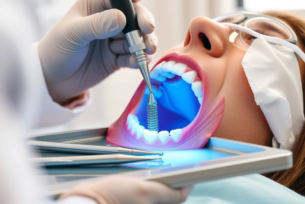 A professional dental clinic scene showing a dentist placing a dental implant into a patient's jawbone, with clear visualization of the titanium implant integrating with bone tissue, modern dental tools on a sterile tray, and a calm, focused atmosphere; soft natural lighting, high detail, medical accuracy