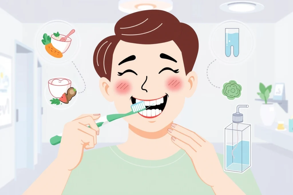 A clean, modern illustration showing a person brushing teeth with a soft toothbrush, using dental floss, and rinsing with mouthwash, surrounded by icons of healthy foods like yogurt, leafy greens, and water, with a subtle background of a dental clinic setting, emphasizing oral hygiene and stomatitis prevention