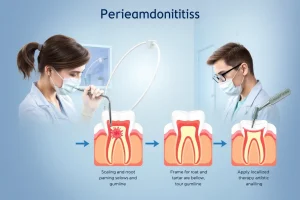 A professional dental illustration showing the main steps of periodontitis treatment: a dentist examining inflamed gums with a probe, performing scaling and root planing to remove plaque and tartar below the gumline, and applying localized antibiotic therapy, all set in a clean, modern dental clinic with soft lighting and realistic anatomical details of teeth and gums