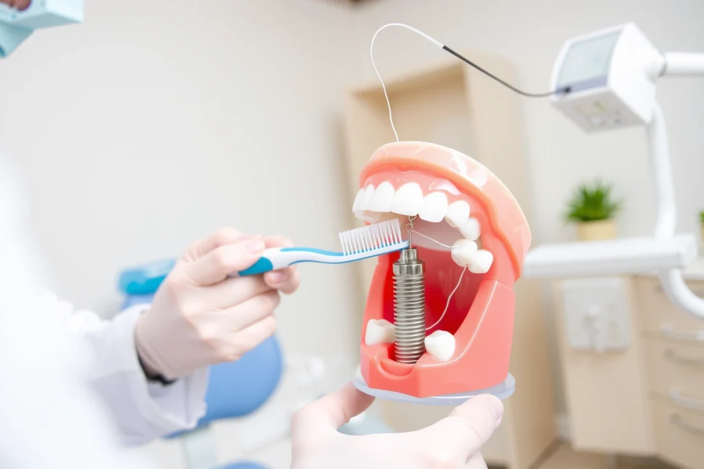 A clean, modern dental clinic interior with a dentist demonstrating proper oral hygiene techniques on a dental implant model, showing a toothbrush gently cleaning around an implant crown, dental floss being used between teeth, and a water flosser in the background, all rendered in soft natural lighting with a calm, professional atmosphere