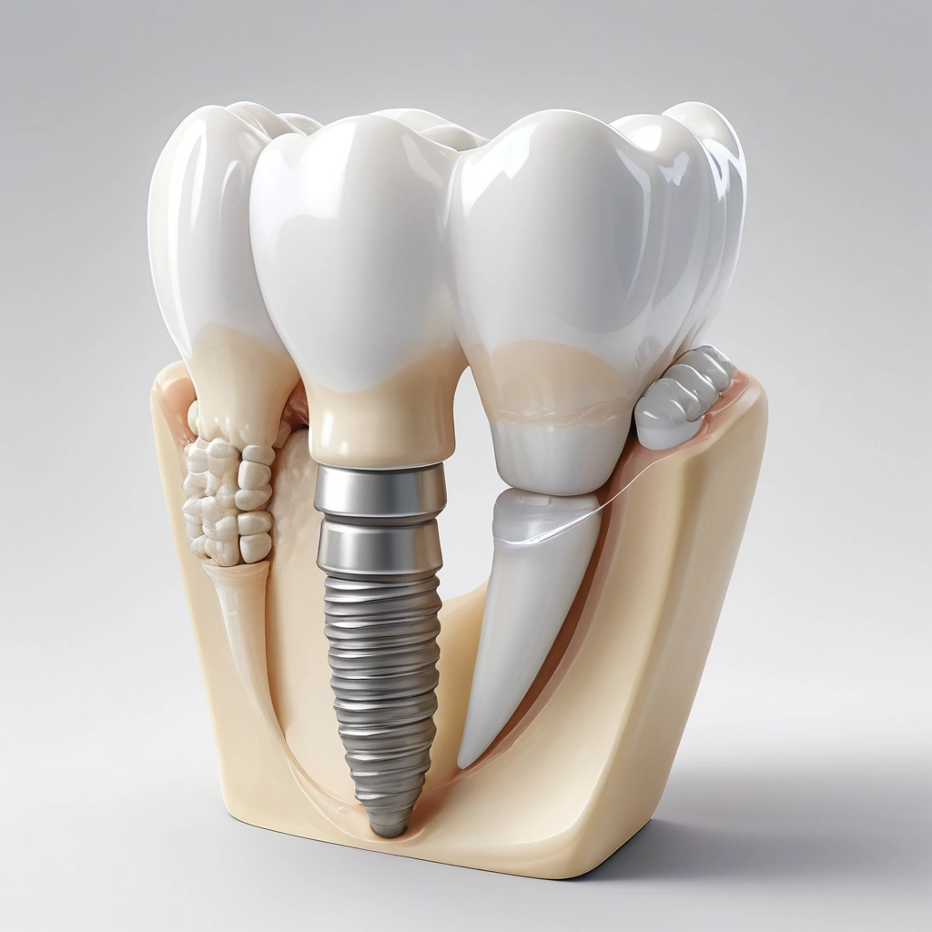 A close-up illustration of a human jaw with a dental implant being placed into the bone, showing the titanium post integrating with surrounding gum and bone tissue, with subtle labels indicating 'titanium', 'zirconia', and 'biocompatible material' as floating annotations near the implant, set against a clean, neutral medical background with soft lighting and no text or numbers visible in the scene