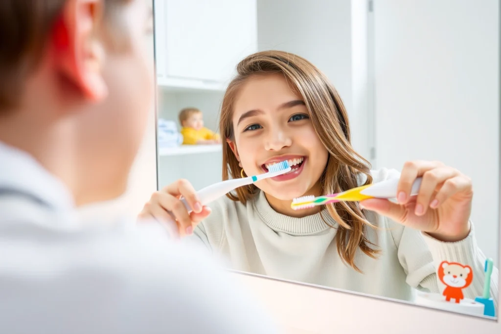 A cheerful child brushing teeth with a colorful toothbrush in a bright bathroom, smiling, with toothpaste foam, a mirror showing reflection, and a toothbrush holder with fun animal designs, soft natural lighting, educational and positive atmosphere