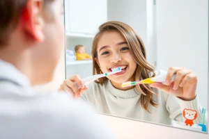 A cheerful child brushing teeth with a colorful toothbrush in a bright bathroom, smiling, with toothpaste foam, a mirror showing reflection, and a toothbrush holder with fun animal designs, soft natural lighting, educational and positive atmosphere