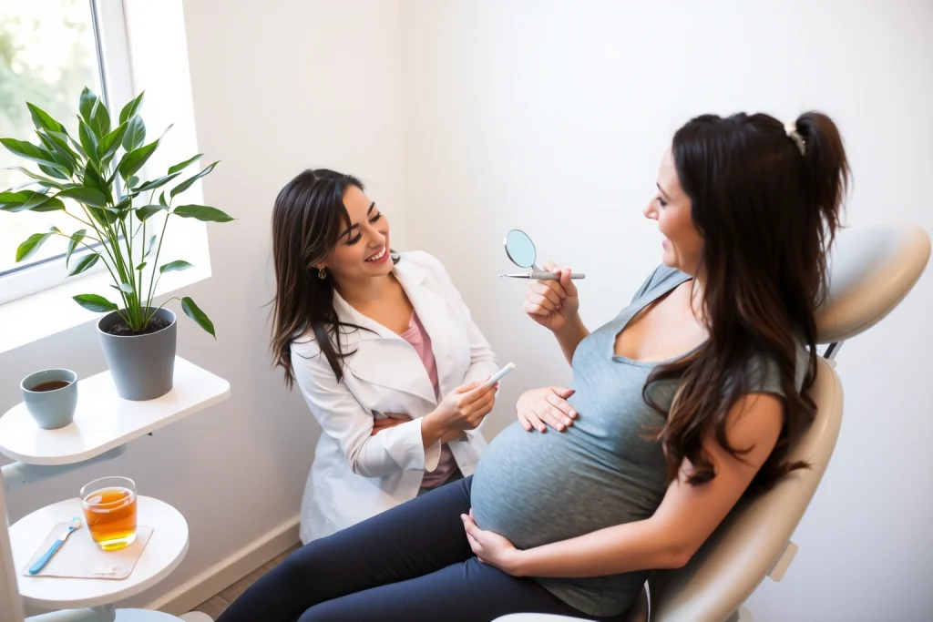 A pregnant woman sitting comfortably in a modern dental chair, smiling gently as a female dentist in a white coat examines her teeth with a small mirror and probe. Soft natural light from a window illuminates the clean, calm dental office. On a side table: a potted plant, a cup of herbal tea, and a dental hygiene kit with toothbrush and floss. The woman’s hand rests protectively on her belly. No text, no symbols, no medical equipment visible beyond standard dental tools.