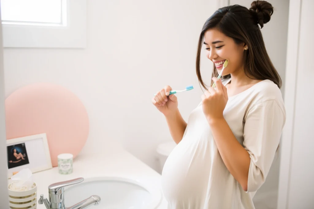 A pregnant woman smiling gently while brushing her teeth in a bright, clean bathroom with soft natural light, holding a toothbrush and toothpaste, with a dental floss container and a cup of water visible on the sink, subtle hints of prenatal care like a maternity pillow and ultrasound photo on the counter, warm and reassuring atmosphere