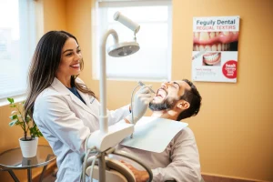 A warm, inviting dental clinic interior with a smiling dentist in a white coat examining a patient's teeth using a dental mirror and probe, modern dental equipment in the background, soft natural lighting, a potted plant on a side table, and a wall poster showing healthy gums and teeth — all conveying care, professionalism, and the importance of regular dental visits