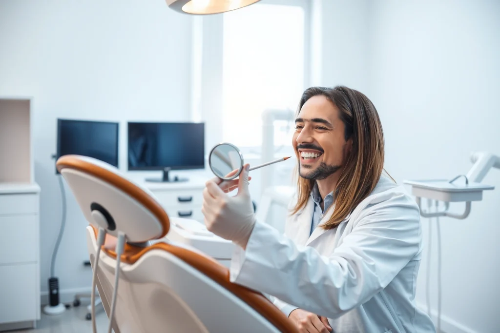 A serene, modern dental clinic interior with a smiling patient sitting comfortably in a dental chair, a dentist in a white coat gently examining the patient's mouth with a small mirror and probe, soft natural light from a window illuminating the scene, subtle medical equipment in the background, clean and sterile environment, warm color palette with light blues and whites, focus on healing and comfort after dental implantation