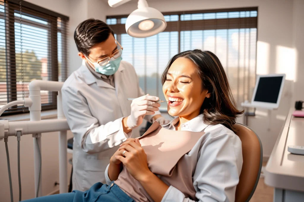 A calm, modern dental clinic interior with a smiling patient sitting comfortably in a dental chair, a dentist gently examining their teeth with a soft light, no visible tools causing discomfort, warm natural lighting, subtle signs of advanced dental technology like a digital scanner on a nearby counter, a sense of peace and relief, no pain expressions, no blood, no needles visible, focus on serenity and restoration
