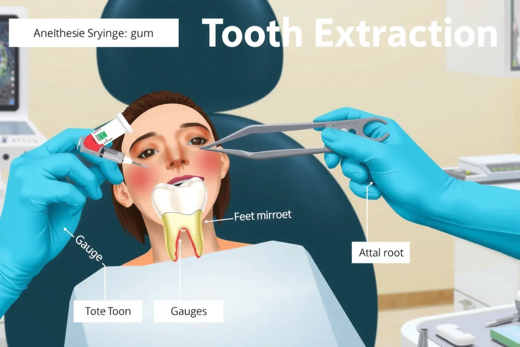 A clear, educational illustration showing the step-by-step procedure of tooth extraction: a dentist in a clinical setting using forceps to gently remove a tooth from a patient's gum, with visible anesthesia syringe, gauze, and dental mirror on a tray; the patient is seated in a dental chair with a relaxed expression, and anatomical labels point to the tooth, root, and surrounding bone; clean, professional dental office background with soft lighting
