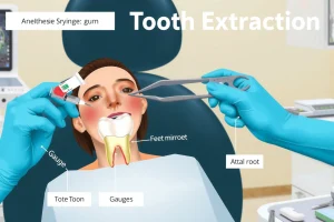 A clear, educational illustration showing the step-by-step procedure of tooth extraction: a dentist in a clinical setting using forceps to gently remove a tooth from a patient's gum, with visible anesthesia syringe, gauze, and dental mirror on a tray; the patient is seated in a dental chair with a relaxed expression, and anatomical labels point to the tooth, root, and surrounding bone; clean, professional dental office background with soft lighting