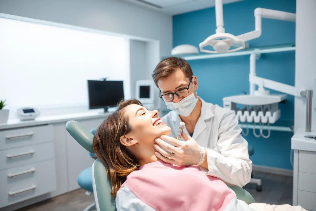 A modern dental clinic interior with a smiling patient sitting in a dental chair, a dentist in a white coat gently placing a dental implant into the jawbone, soft natural lighting, clean white and blue color scheme, high-tech dental equipment visible in the background, focus on comfort and aesthetics, realistic human anatomy, no text or labels