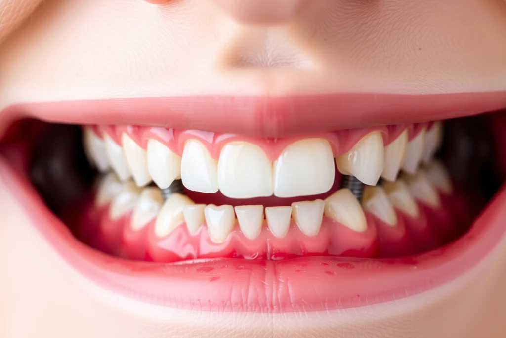 A close-up of a healthy human mouth showing dental implants in the upper and lower jaw, with clean gums and natural-looking crowns, soft natural lighting, medical accuracy, no text or symbols