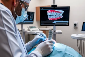 A modern dental clinic interior showing a dentist performing a dental implant procedure on a patient, with close-up view of the titanium implant being placed into the jawbone, digital 3D scan of teeth on a monitor nearby, surgical tools arranged neatly, soft ambient lighting, realistic medical environment, no text or labels visible