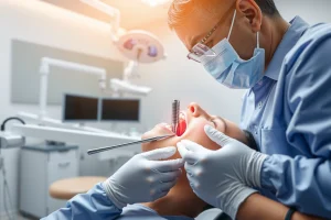 A modern dental clinic interior showing a dentist placing a dental implant into a patient's jawbone, with clear visualization of the implant integrating with bone tissue, soft natural lighting, medical equipment in the background, and a calm, professional atmosphere — no text, labels, or visible signs