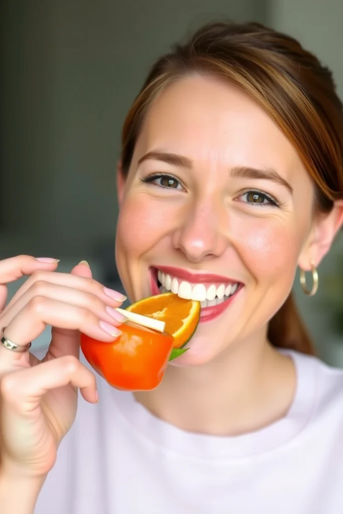 A smiling person with healthy white teeth eating a variety of fresh fruits and vegetables, with clear, bright lighting and a clean background