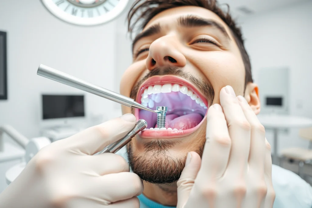 A modern dental clinic interior with a dentist in a white coat examining a patient's mouth, showing a close-up of a dental implant being placed into the jawbone, with soft natural lighting, realistic textures of gums and teeth, and subtle medical equipment in the background, emphasizing precision and care