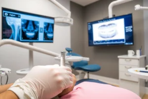 A modern dental clinic interior showing a dentist performing a dental implant procedure on a patient, with close-up view of the implant being placed into the jawbone, dental tools, X-ray images on a screen in the background, and a diagram illustrating correct bite alignment after implantation, all in a clean, professional, well-lit environment