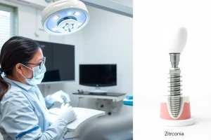 A modern dental clinic interior with a dentist examining a patient's teeth using advanced dental tools, a close-up view of a dental implant being placed into a jawbone model, and a side-by-side comparison of different implant types (titanium, zirconia) on a clean white background, all in a professional, informative, and reassuring medical setting