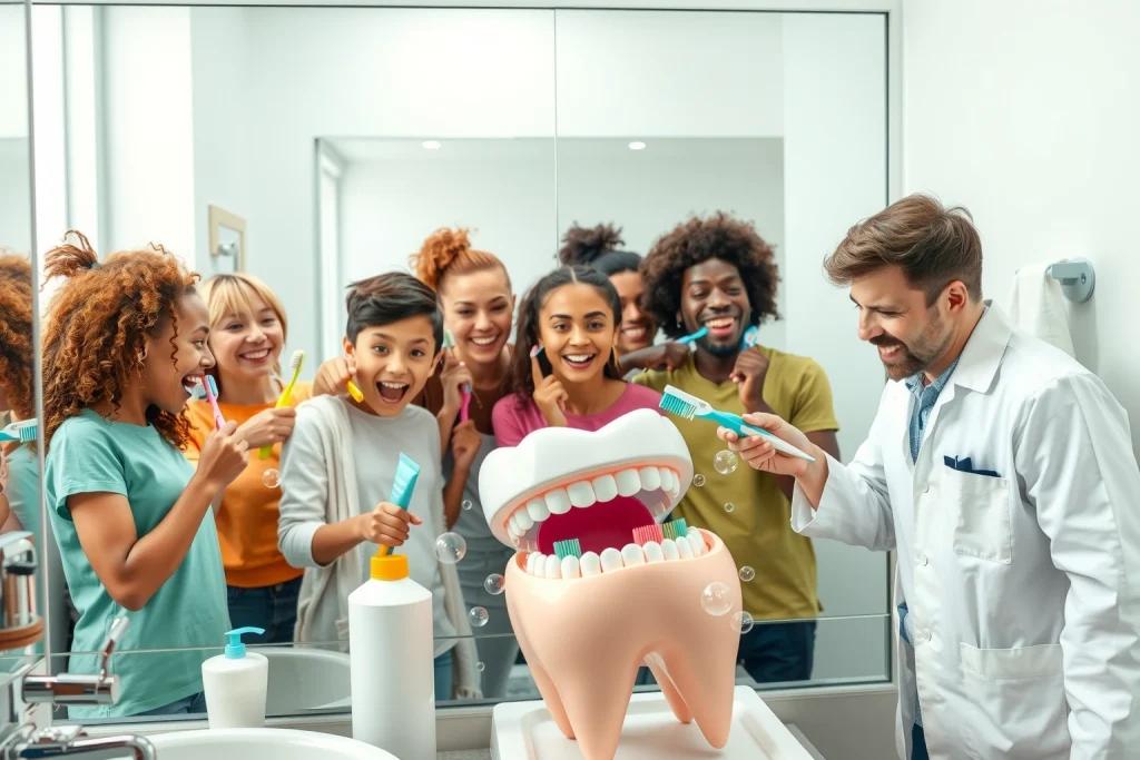 A cheerful group of diverse children brushing their teeth together in a bright, clean bathroom with colorful toothbrushes, toothpaste tubes, and a mirror showing their happy reflections; a friendly dentist character in a white coat is demonstrating proper brushing technique on a large tooth model, with sparkling clean teeth and gentle bubbles around them, emphasizing fun and healthy oral hygiene habits