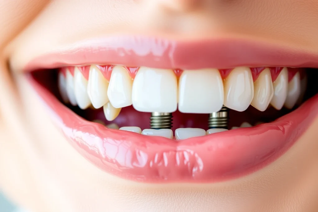 A close-up of a healthy, natural-looking smile with dental implants visible in the front teeth, showing strong gum integration and proper alignment, soft natural lighting, realistic skin texture, no visible dental tools or clinic equipment, focus on long-term oral health and aesthetic durability