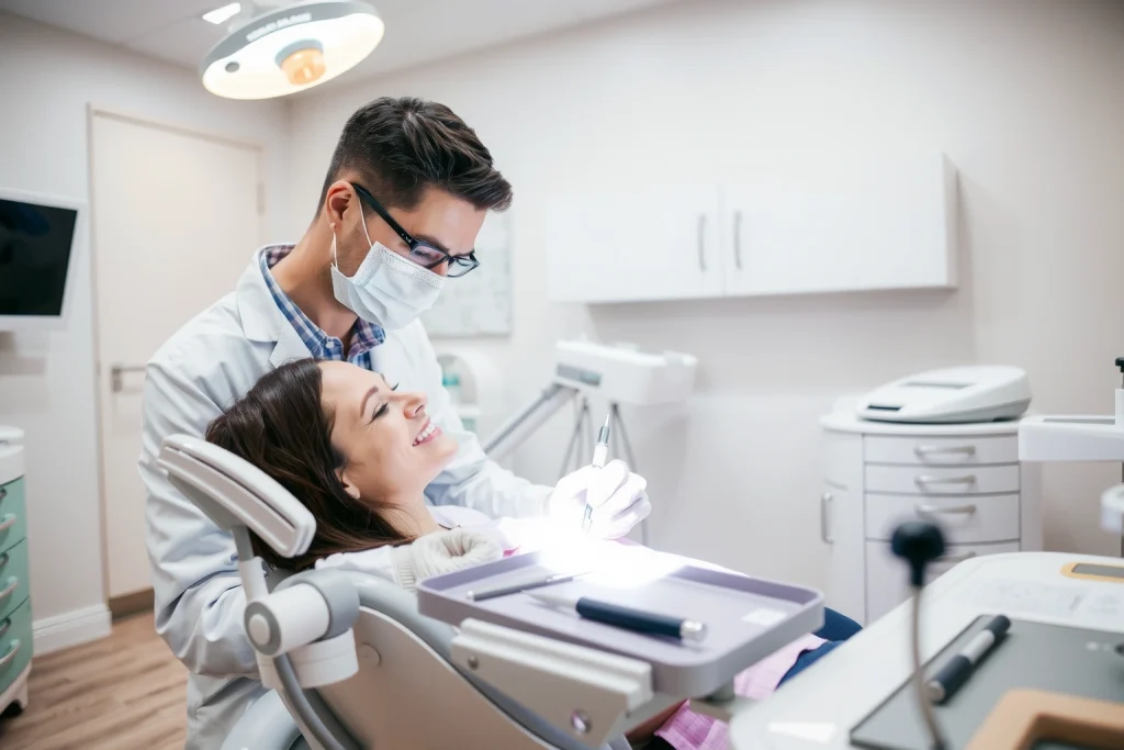 A calm, professional dental clinic interior showing a dentist in a white coat and mask gently extracting a tooth from a patient seated in a dental chair, with dental tools on a tray, soft overhead lighting, and a reassuring expression on both the dentist and patient; modern equipment visible in the background, no text or labels present