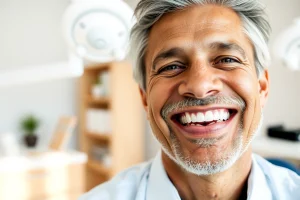A confident middle-aged person smiling naturally with healthy, well-aligned dental implants visible in a bright, modern dental clinic setting, soft natural lighting, warm tones, focus on oral health and quality of life, no text or symbols