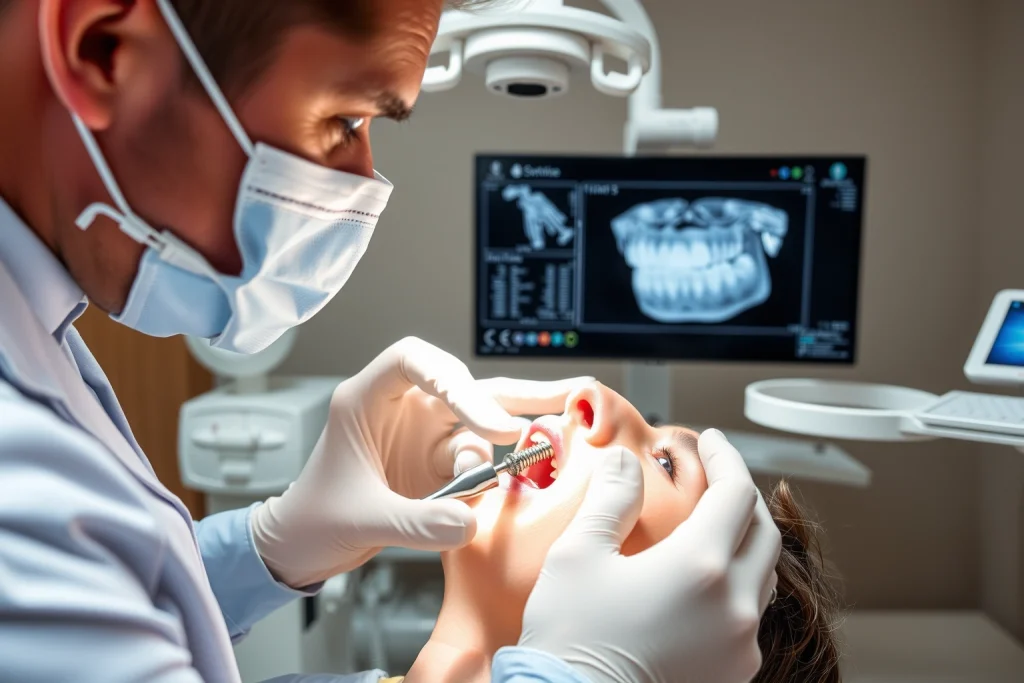 A modern dental clinic interior showing a dentist performing a dental implant procedure on a patient's jaw, with close-up view of the titanium implant being placed into the gum, sterile surgical tools, digital X-ray screen in background showing 3D scan of teeth, soft natural lighting, realistic medical details, no text or labels