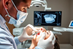 A modern dental clinic interior showing a dentist performing a dental implant procedure on a patient's jaw, with close-up view of the titanium implant being placed into the gum, sterile surgical tools, digital X-ray screen in background showing 3D scan of teeth, soft natural lighting, realistic medical details, no text or labels