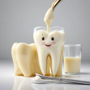 A close-up illustration of a human tooth showing signs of calcium deficiency: weakened enamel with visible cracks, yellowish discoloration, and early cavities, set against a soft blurred background of dental tools and a glass of milk to symbolize prevention; no text, no labels, no people