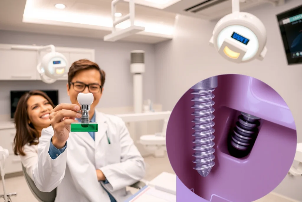 A modern dental clinic interior with a dentist in a white coat holding a dental implant model, a patient smiling in a dental chair, and a close-up of a titanium dental implant being placed into a jawbone, all in a clean, professional, and reassuring environment with soft lighting and medical equipment visible in the background