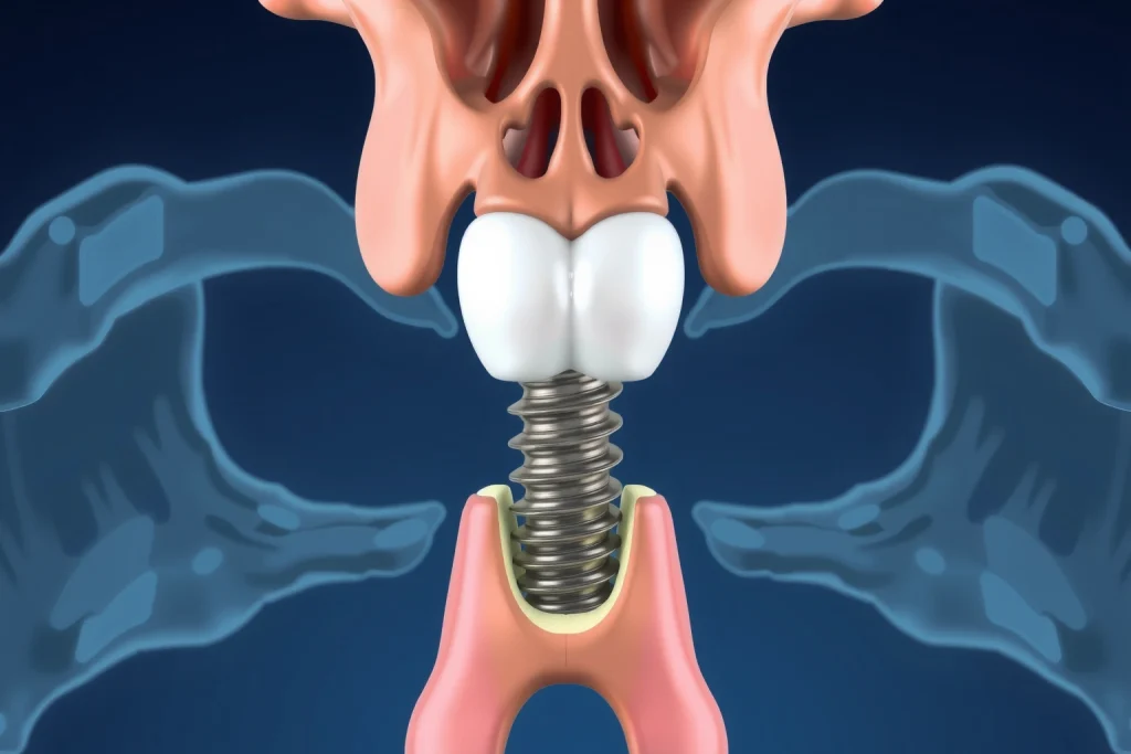 A detailed medical illustration showing a human jawbone with a dental implant properly integrated into the bone, surrounded by healthy gum tissue and bone structure, with subtle visual indicators of successful osseointegration and no signs of infection or bone loss, in a clean, clinical anatomical style