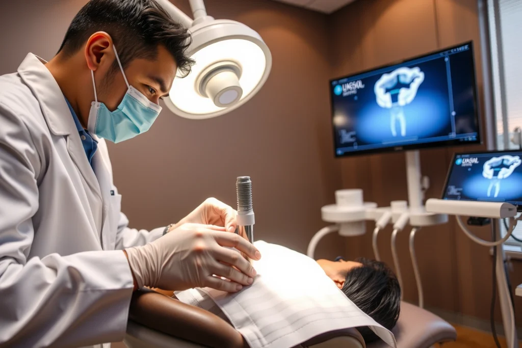 A modern dental clinic interior showing a dentist performing a dental implant procedure on a patient lying in a dental chair, with close-up view of the implant being placed into the jawbone, surgical tools, sterile environment, soft lighting, and a digital screen displaying a 3D model of the implant in the background