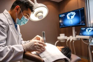 A modern dental clinic interior showing a dentist performing a dental implant procedure on a patient lying in a dental chair, with close-up view of the implant being placed into the jawbone, surgical tools, sterile environment, soft lighting, and a digital screen displaying a 3D model of the implant in the background