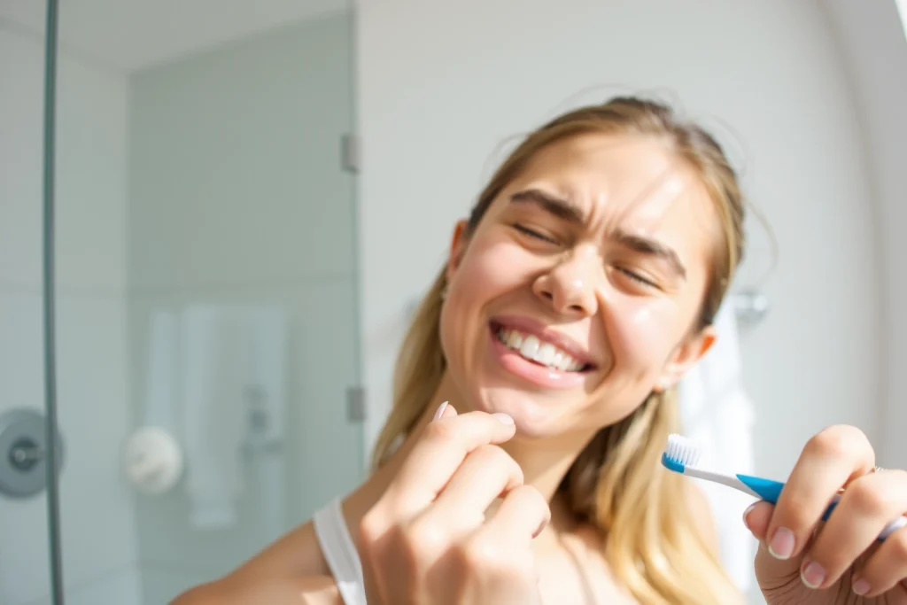 A person gently brushing their teeth with a soft-bristled toothbrush, smiling calmly, in a clean modern bathroom with natural light, no visible pain or discomfort, focus on proper brushing technique and relaxed expression