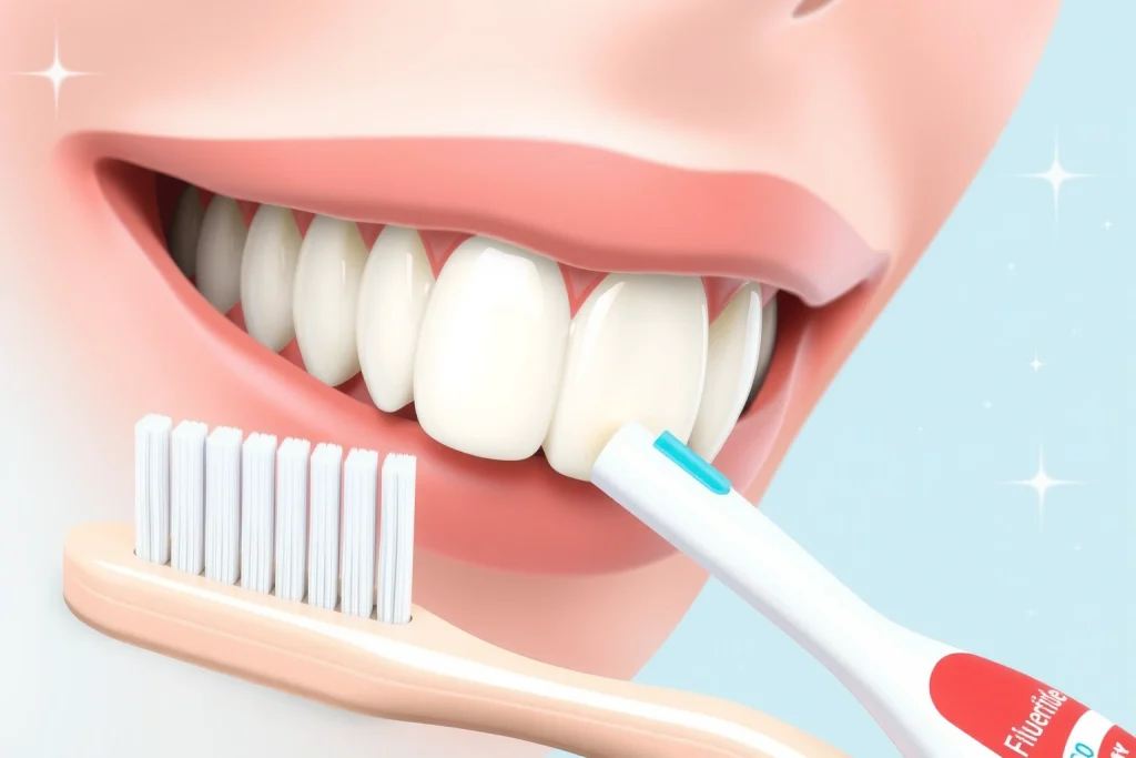 A close-up illustration of healthy human teeth with smooth enamel, showing no signs of wear or sensitivity, surrounded by gentle dental care tools like a soft-bristled toothbrush and fluoride toothpaste tube, set against a clean, light blue background with subtle sparkles to suggest protection and care