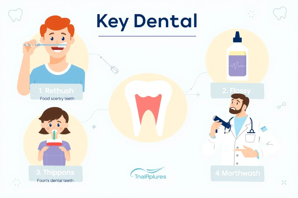A clean, modern infographic-style illustration showing key dental hygiene practices: a person brushing teeth with a toothbrush, flossing between teeth, using mouthwash, and a dentist examining teeth, with clear icons and simple labels for each step, set against a light blue background with subtle dental-themed patterns
